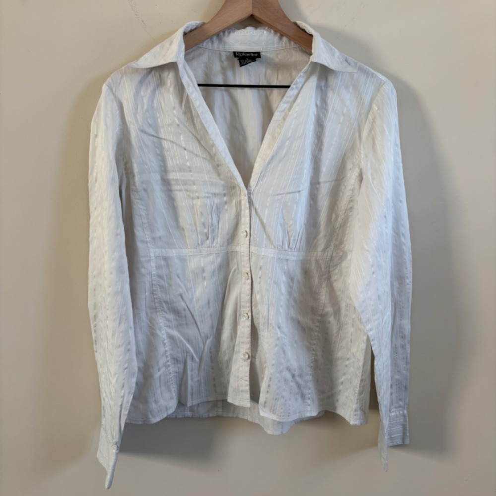 Rafaella White Satin Stripe Button Up Blouse Empire Waist Pleated Bust Size 12